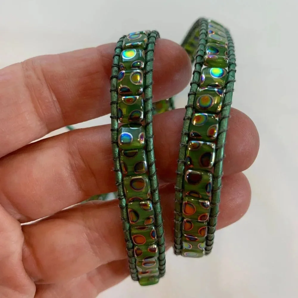 Bespoke Glass Leather Bead Cuff Bracelet - Gold & Green Aura Finish - Handmade - Picture 7 of 7